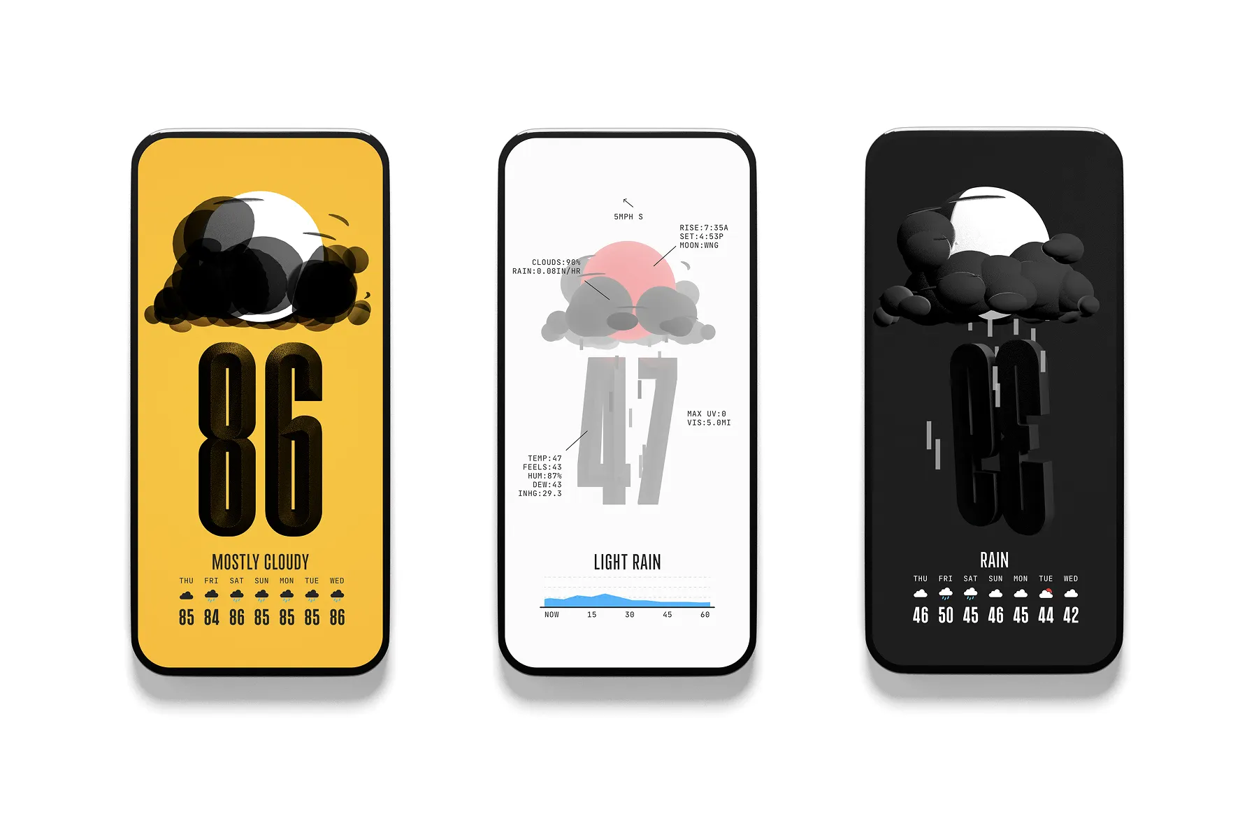 Screenshots of the Not Boring Weathe app, displaying the weather in a 3D interface